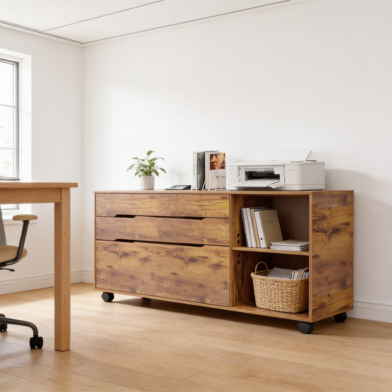 Rustic brown mobile file cabinet with three drawers and an open shelf bay on casters beside a desk, printer on top, 79.5 cm wide.
