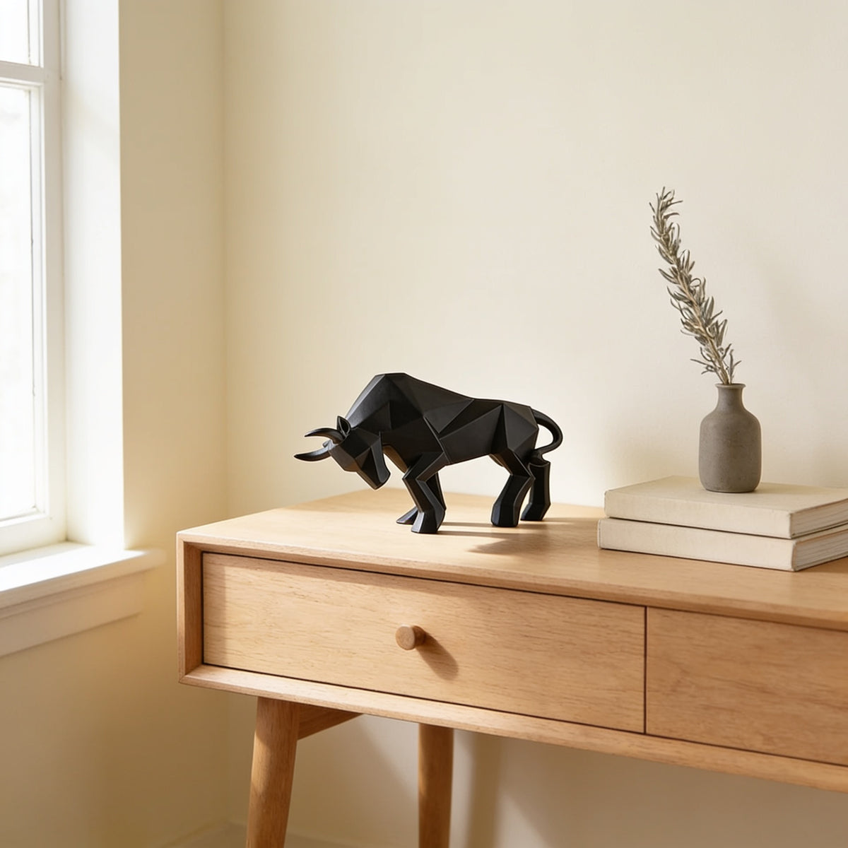 Black faceted bull statue, small charging pose, on an oak console — Faceted Geometric Bull Statue