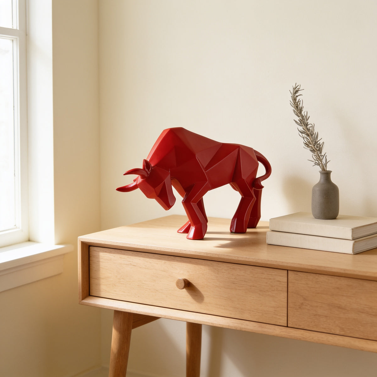 Red faceted bull statue, large charging pose, on an oak console — Faceted Geometric Bull Statue