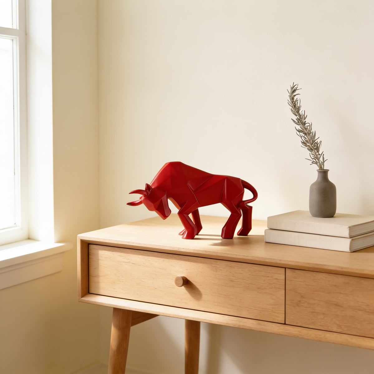 Red faceted bull statue, small charging pose, on an oak console — Faceted Geometric Bull Statue