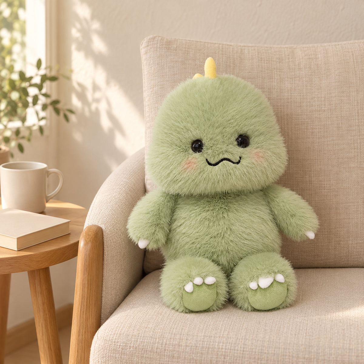 Sage green dinosaur plush without a diaper seated on an oatmeal chair beside an oak table
