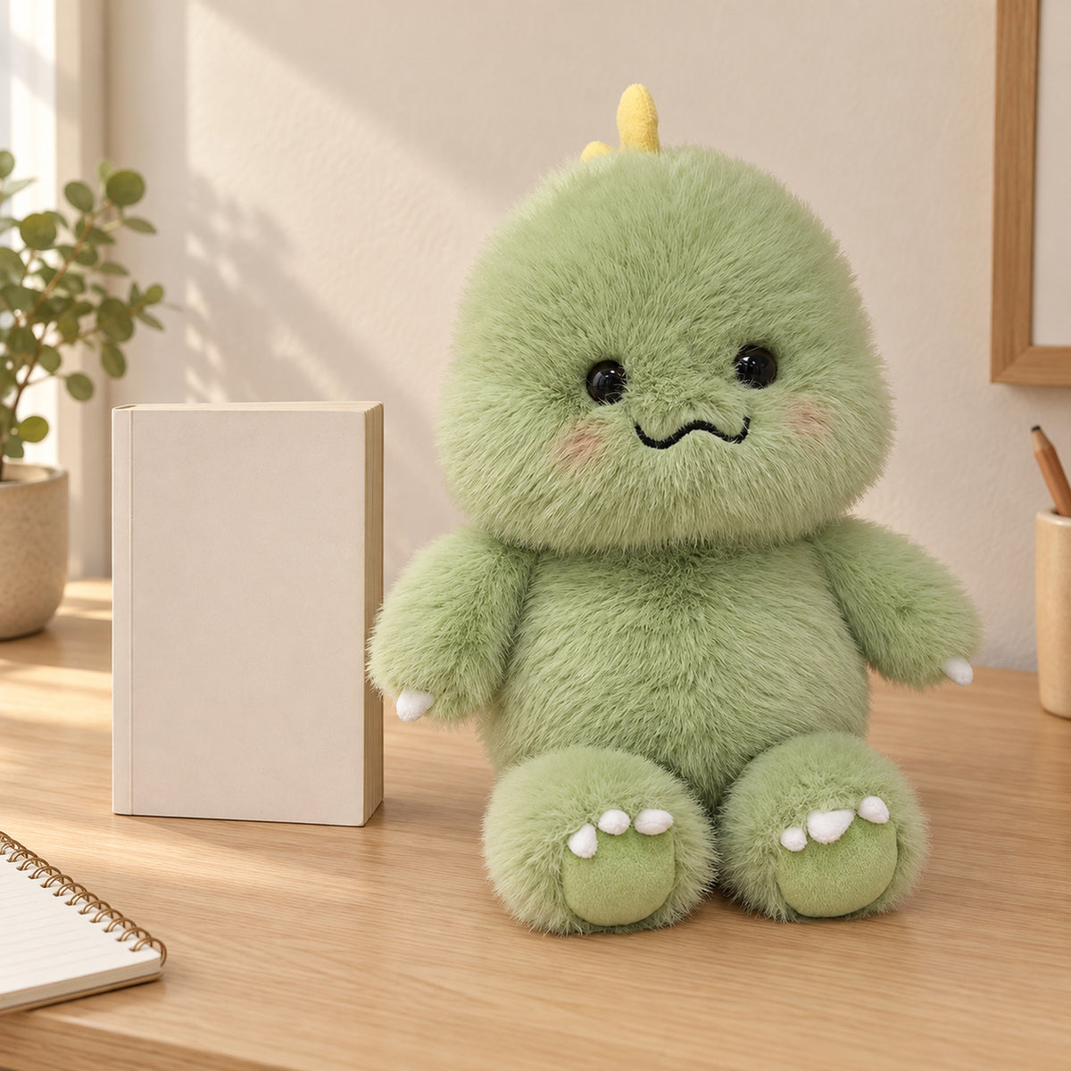 Green dinosaur stuffed animal beside a plain upright paperback for height comparison