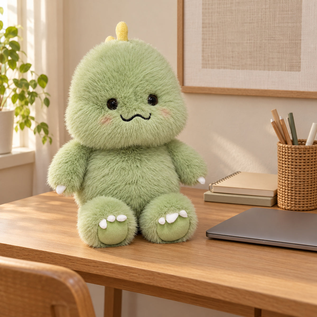 Green dinosaur plush seated on a warm oak study desk beside a closed laptop