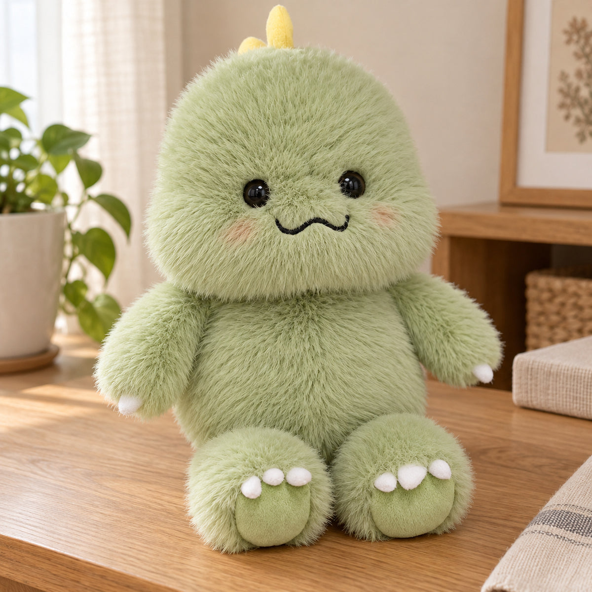Green dinosaur plush seated upright with its round feet and white claws visible