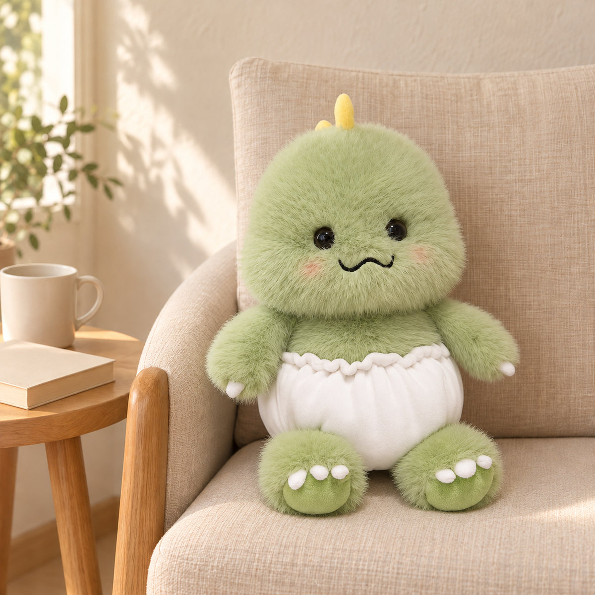Sage green dinosaur plush with a white gathered diaper on the oatmeal reading chair
