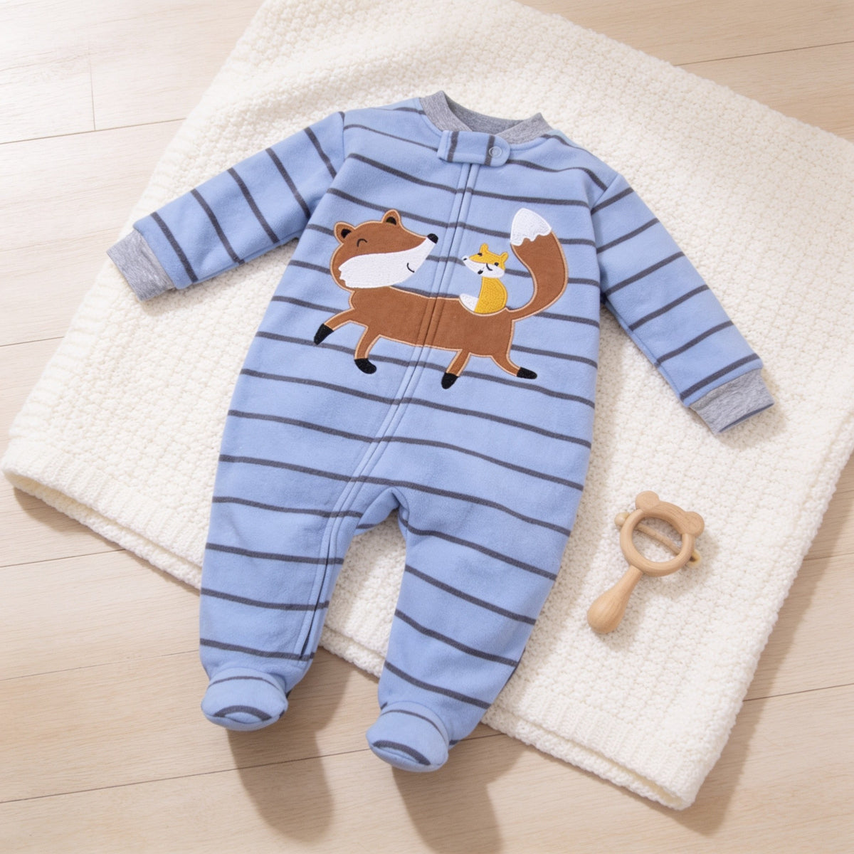 Fox Stripe fleece zip-up baby footie pajamas, blue pinstripe with fox appliqué, laid flat.