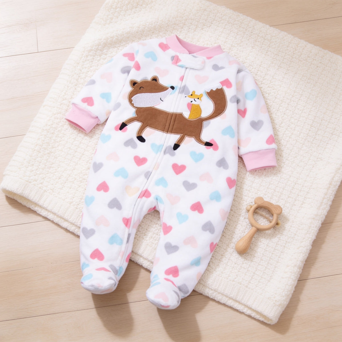 Heart Fox fleece zip-up baby footie pajamas, white heart print with fox appliqué, laid flat.