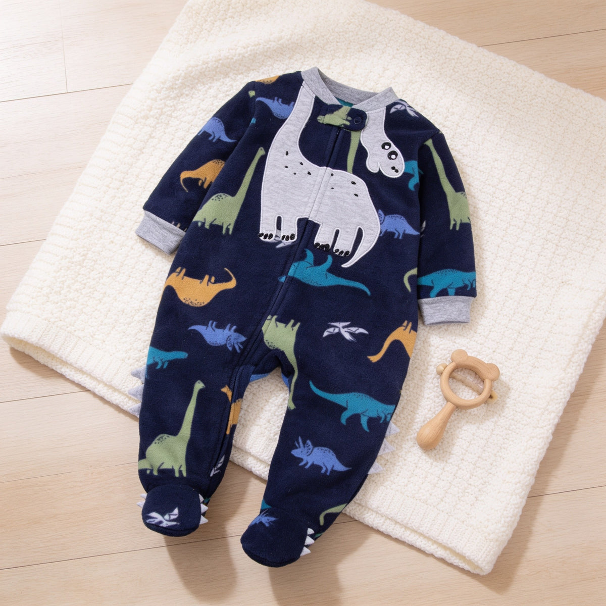 Navy Dinosaur fleece zip-up baby footie pajamas, navy with dinosaur print, laid flat.