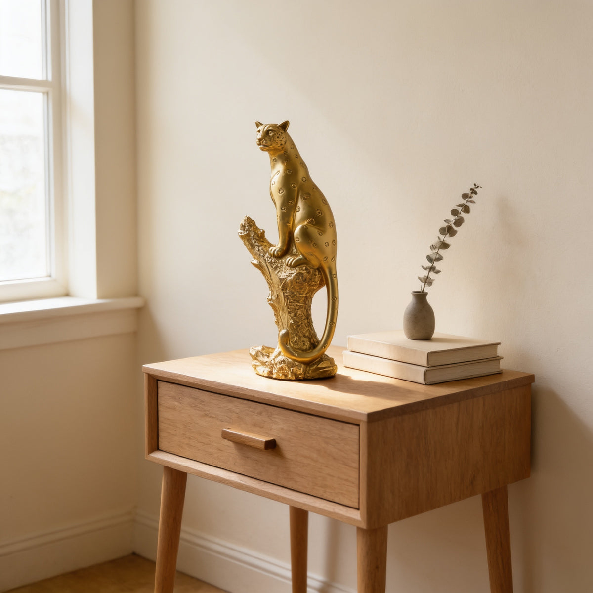 Gold perched leopard statue on a bedside table in a sunlit room