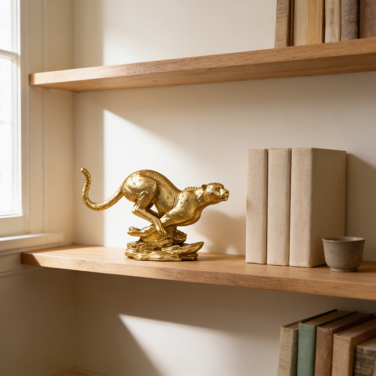 Gold running leopard statue on an oak shelf beside books