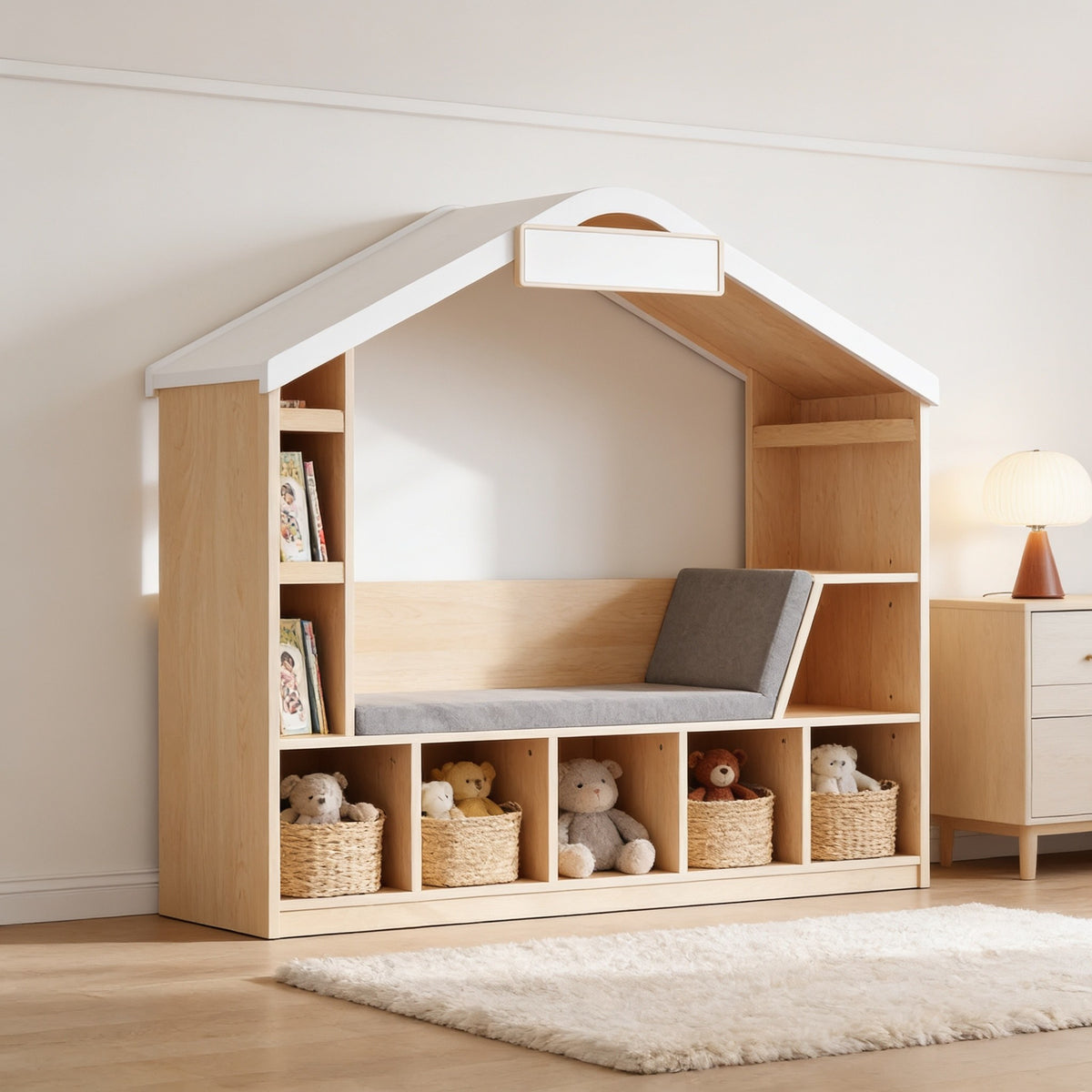 Natural wood-tone kids house bookshelf with reading nook in a calm bedroom, gray cushioned bench and open cubbies, 140 cm tall.