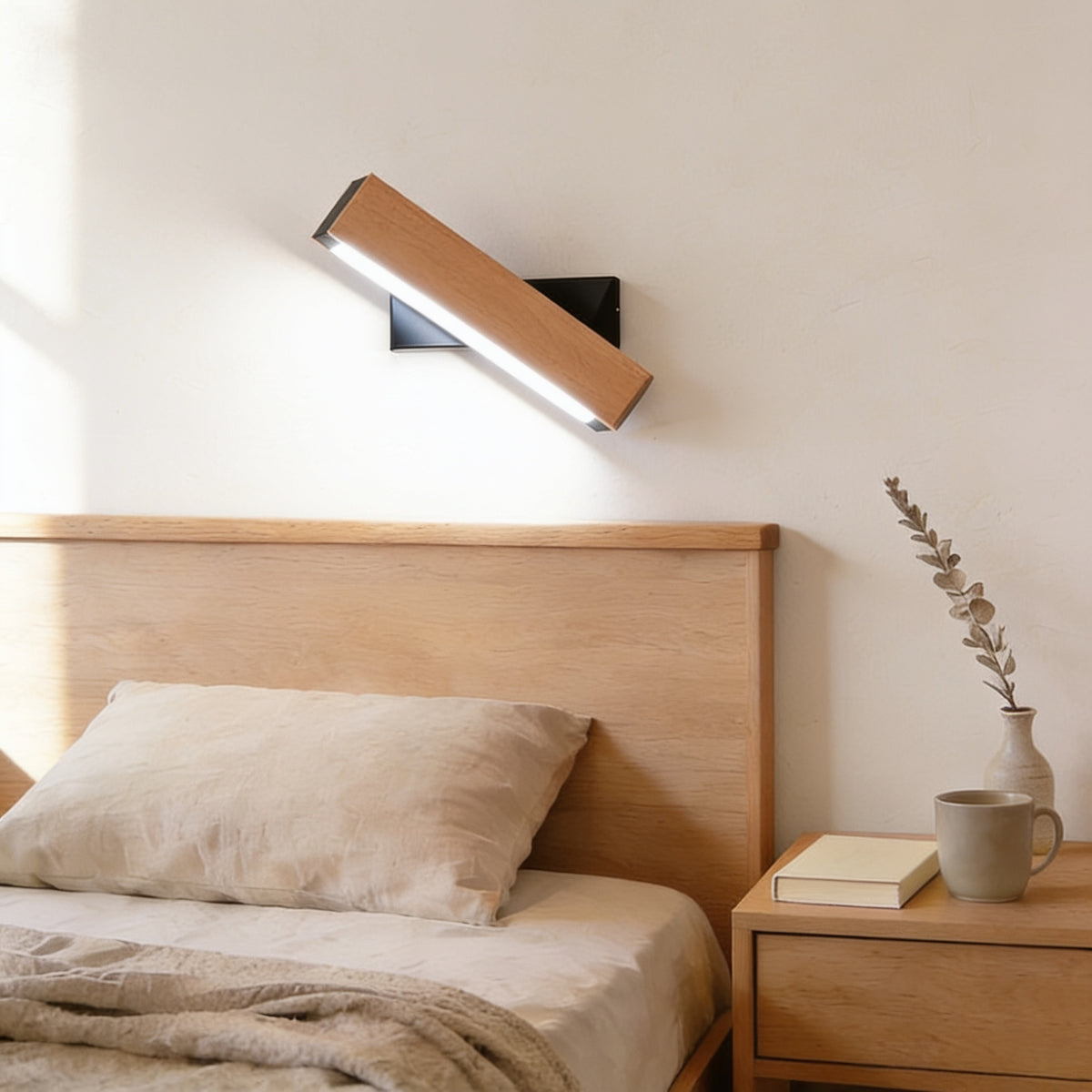 Large beech swivel wall sconce, black bracket, cool white light, above an oak headboard — Hardwired Solid Wood Swivel Wall Sconce