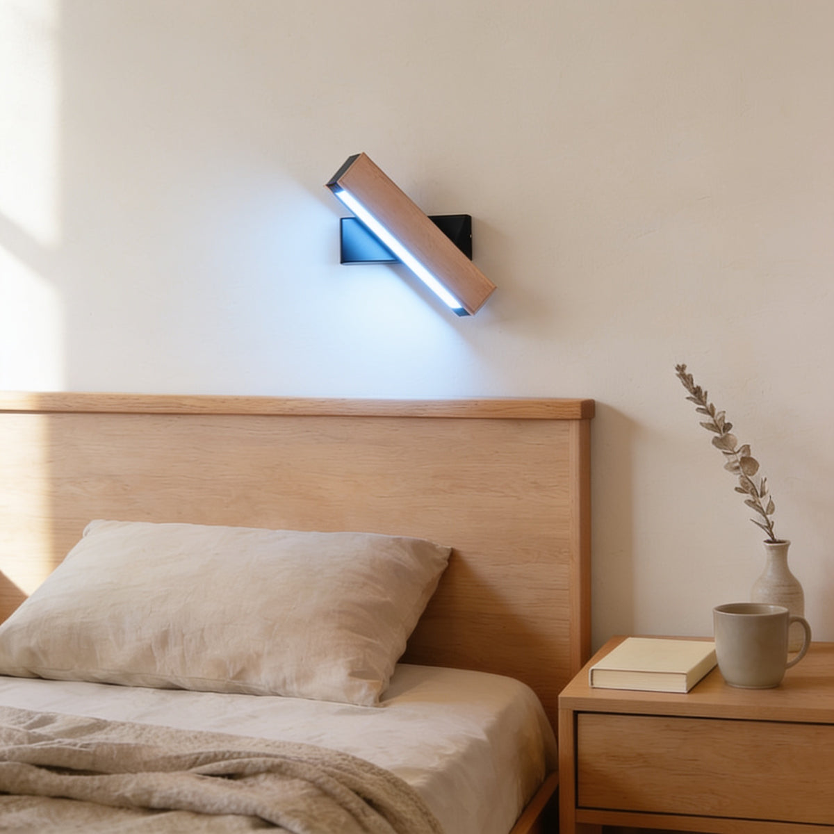 Small beech swivel wall sconce, black bracket, cool white light, above an oak headboard — Hardwired Solid Wood Swivel Wall Sconce