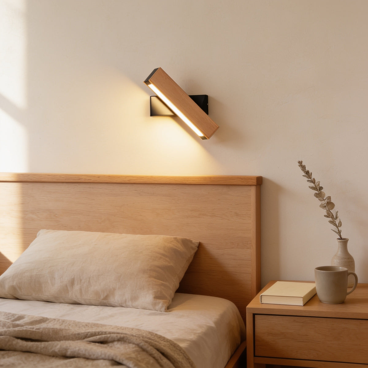 Solid beech swivel wall sconce with black bracket lit warm white above an oak headboard — Hardwired Solid Wood Swivel Wall Sconce