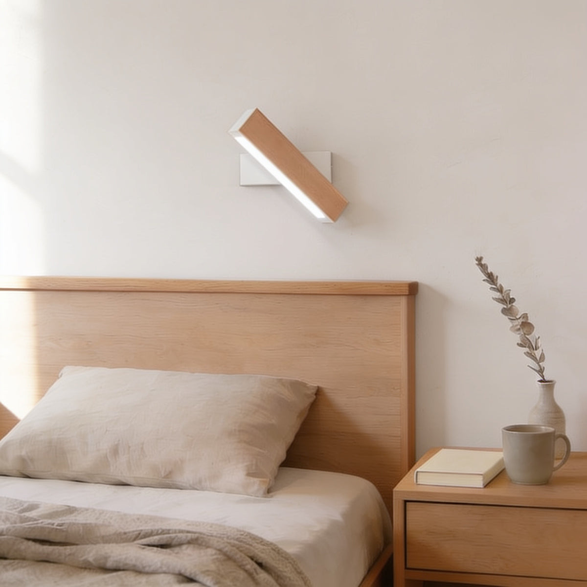 Large beech swivel wall sconce, white bracket, cool white light, above an oak headboard — Hardwired Solid Wood Swivel Wall Sconce