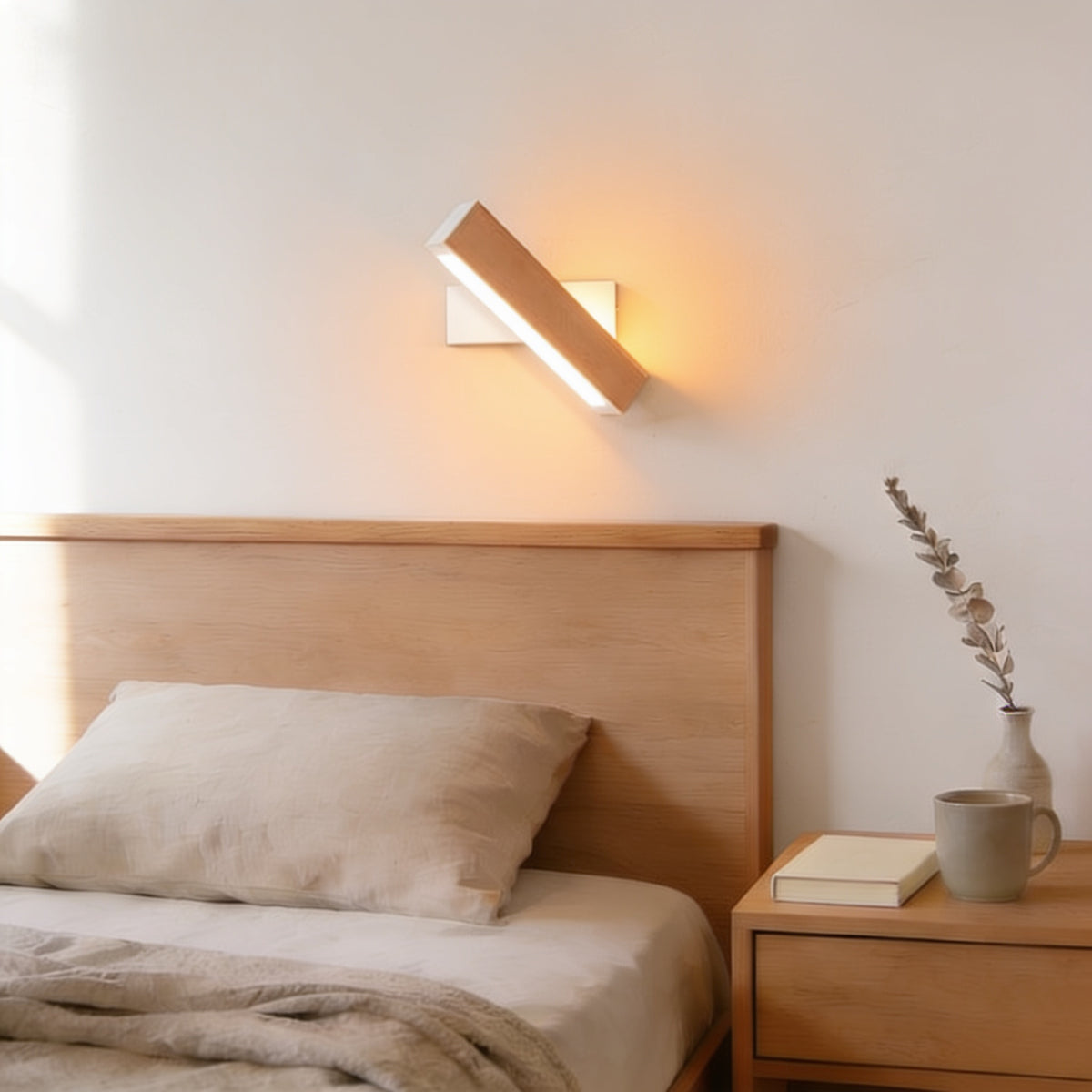 Large beech swivel wall sconce, white bracket, warm white light, above an oak headboard — Hardwired Solid Wood Swivel Wall Sconce