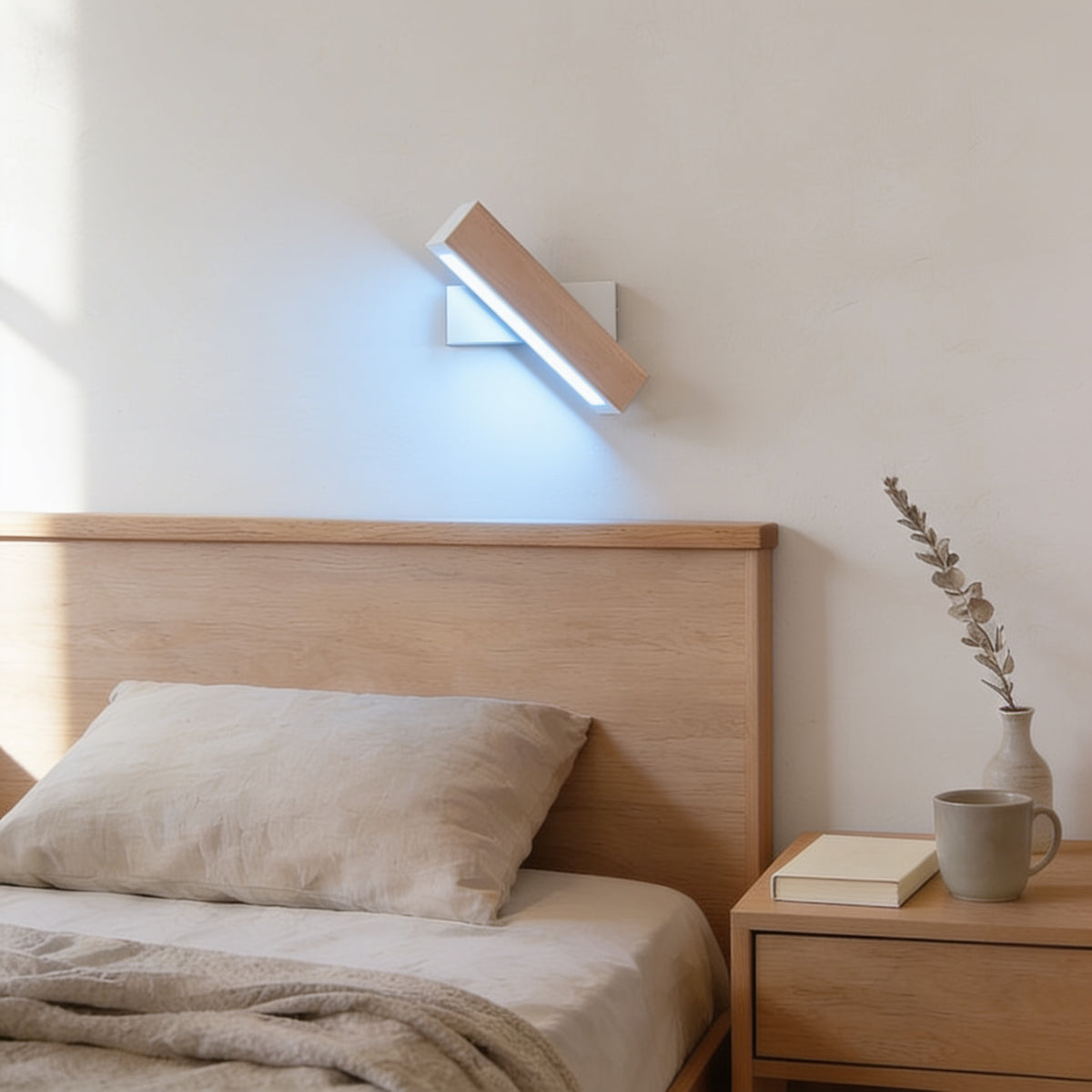 Small beech swivel wall sconce, white bracket, cool white light, above an oak headboard — Hardwired Solid Wood Swivel Wall Sconce