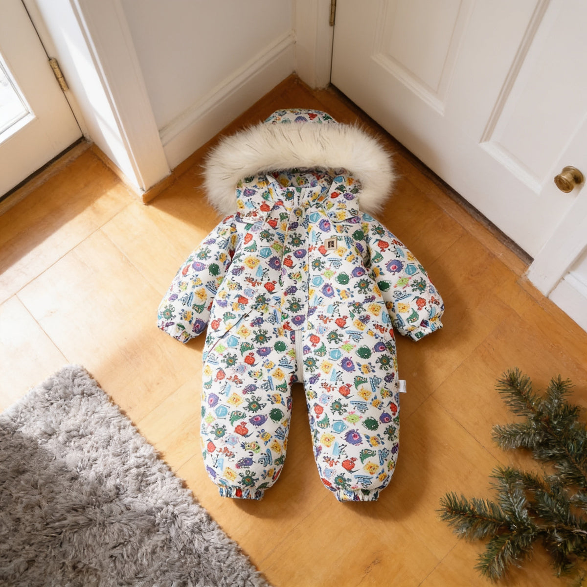 Little Monster hooded one-piece toddler snowsuit, white with small multicolour cartoon monsters, laid flat on the same entryway floor
