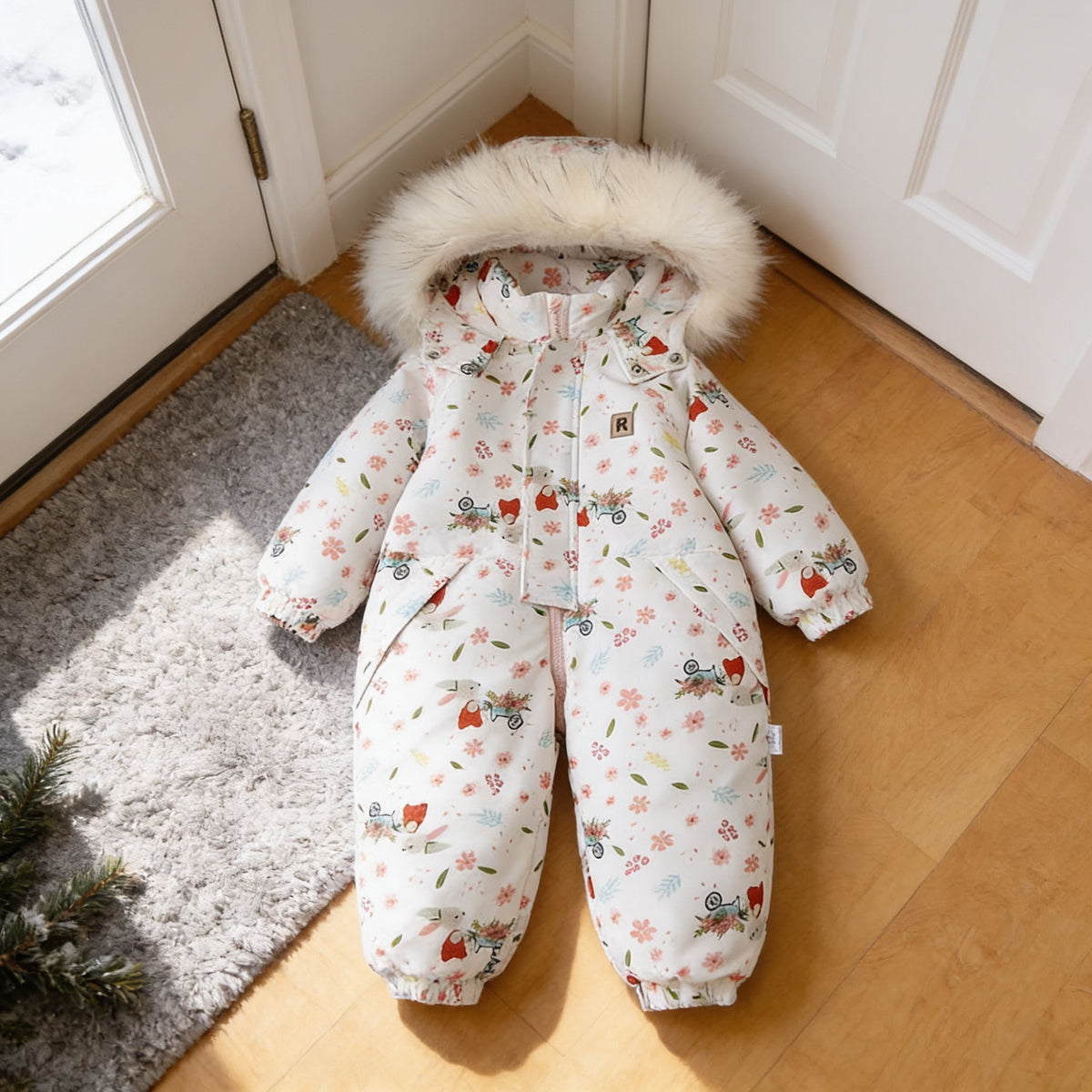 Rabbit hooded one-piece toddler snowsuit, white with small rabbits and flower carts, laid flat on the same entryway floor