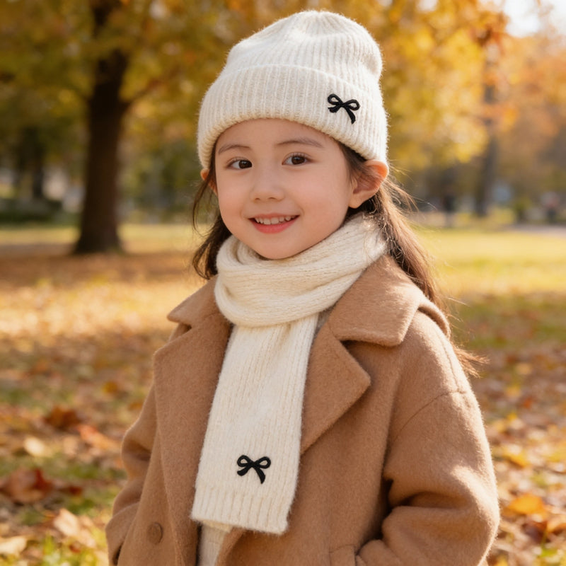 Girl in a park wearing the cream ribbed knit hat and scarf set with small black bows.