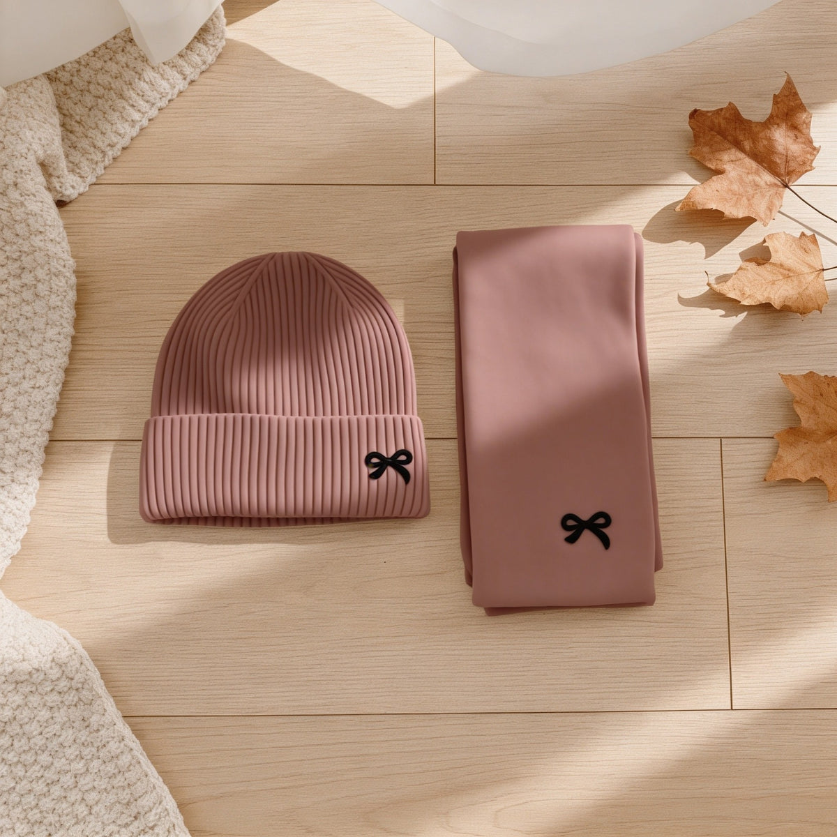 Dusty Rose ribbed knit kids hat and scarf set with embroidered bows.