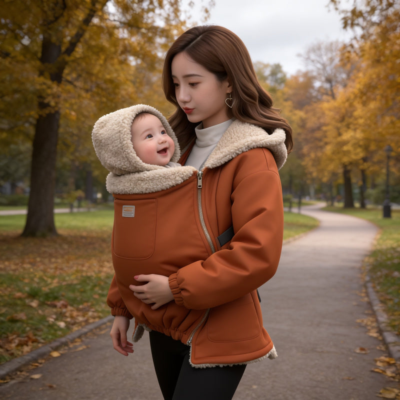 Woman in the rust sherpa-lined babywearing jacket with the zip-in panel closed over her awake baby on an autumn park walk.