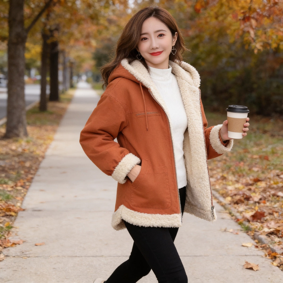 Rust sherpa-lined jacket worn as an everyday coat without the baby panel.