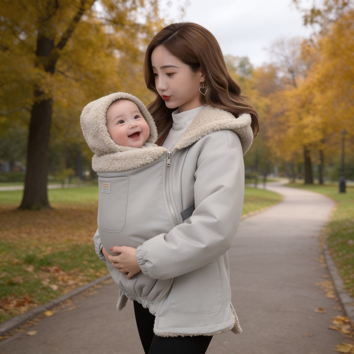 Light Gray sherpa-lined maternity babywearing jacket with zip-in baby panel, worn on an autumn walk.