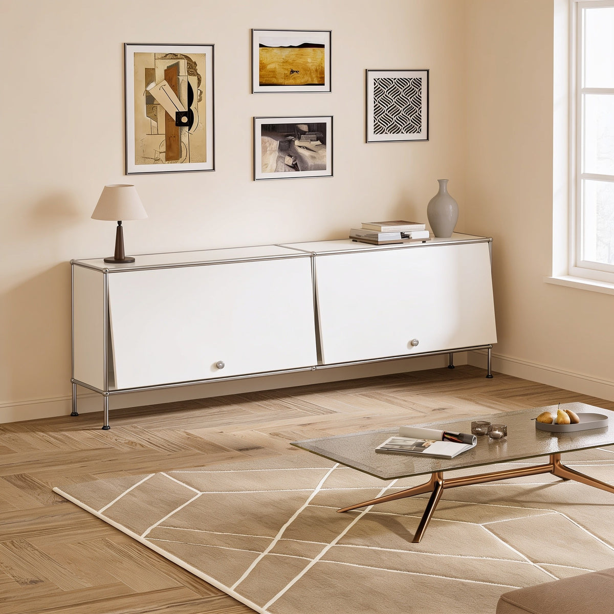 White modular metal low one-tier cabinet with two doors with chrome frame and ball connectors in a living room.