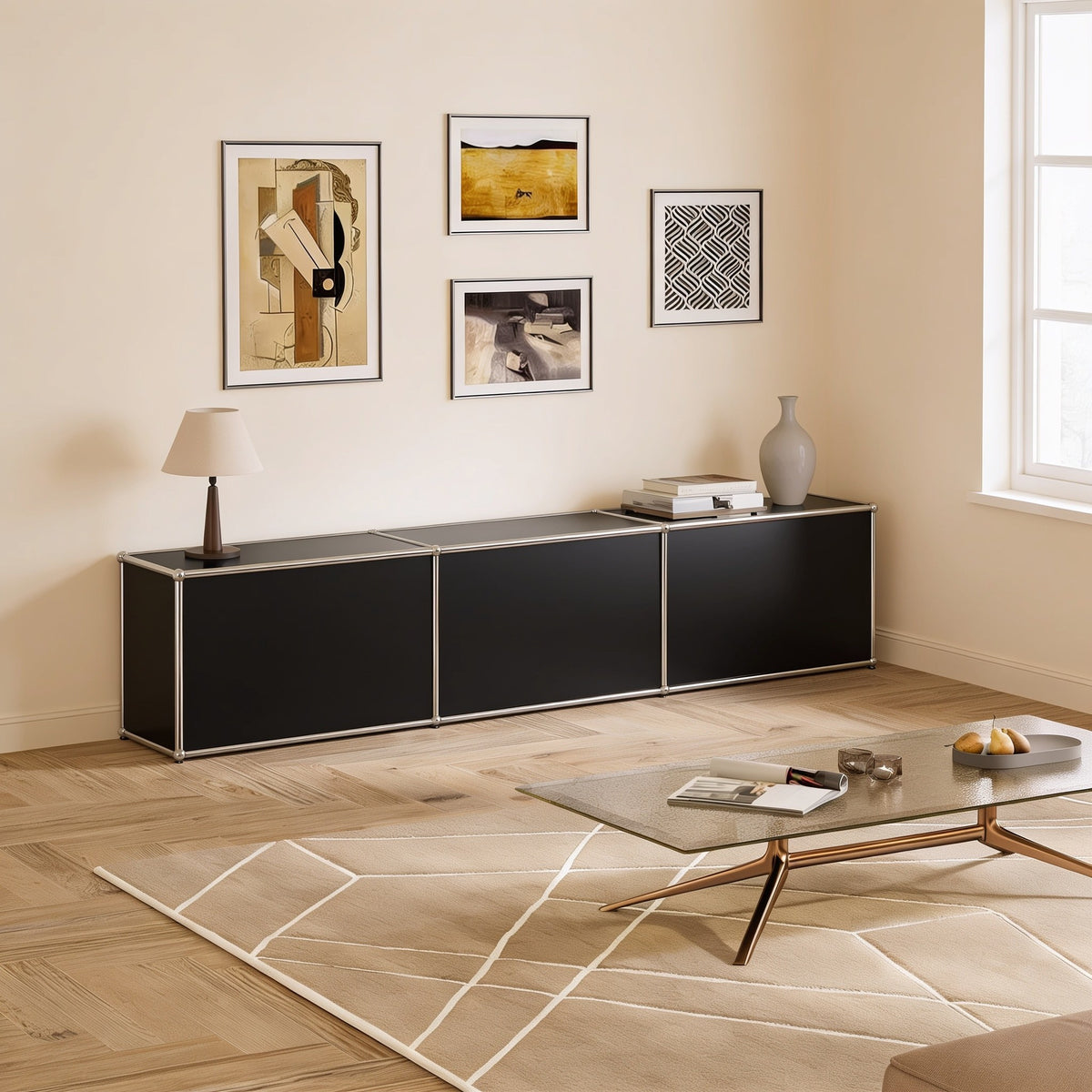 Black modular metal long low one-tier cabinet with three doors with chrome frame and ball connectors in a living room.
