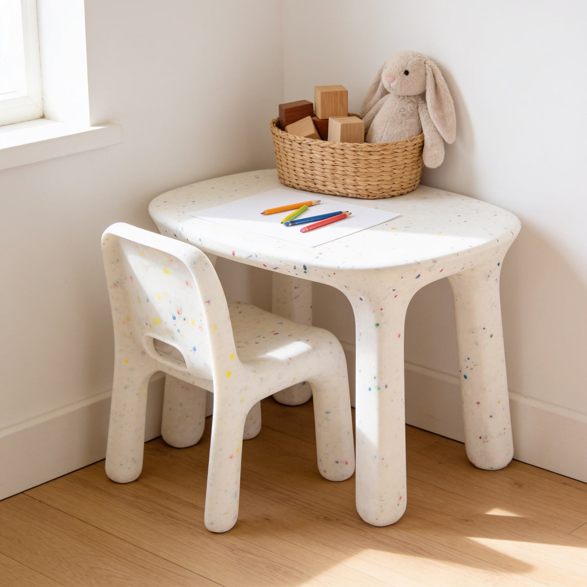 White speckled kids table with white speckled chair in a sunny kids room.