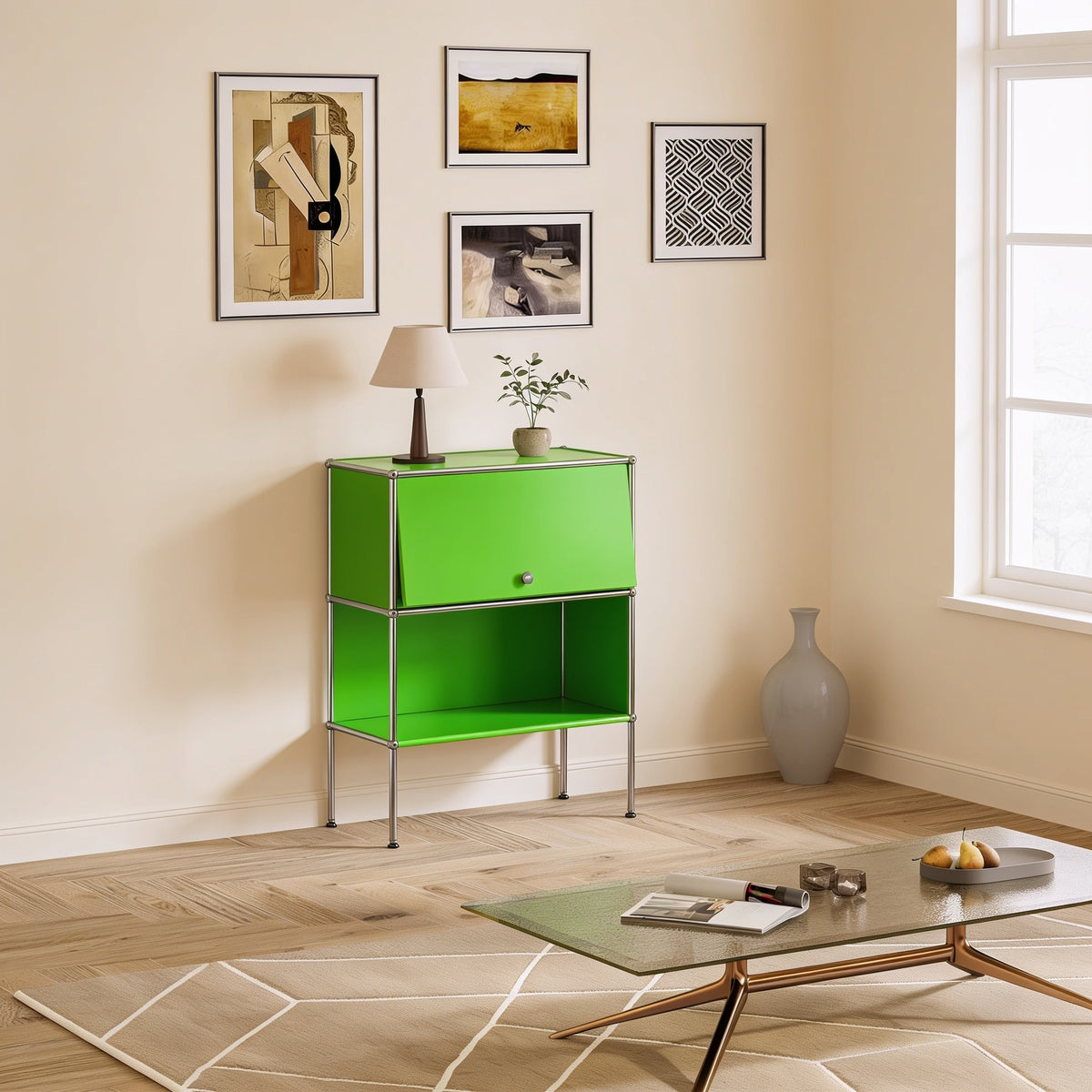 Green modular metal two-tier cabinet with one door with chrome frame and ball connectors in a living room.
