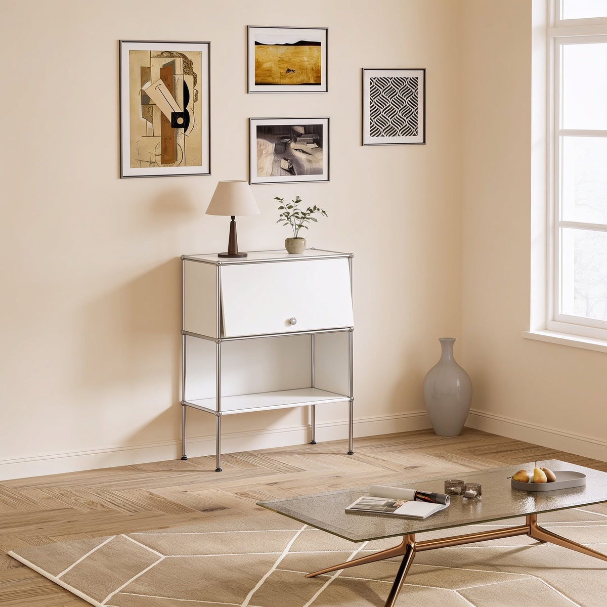 White modular metal two-tier cabinet with one door with chrome frame and ball connectors in a living room.