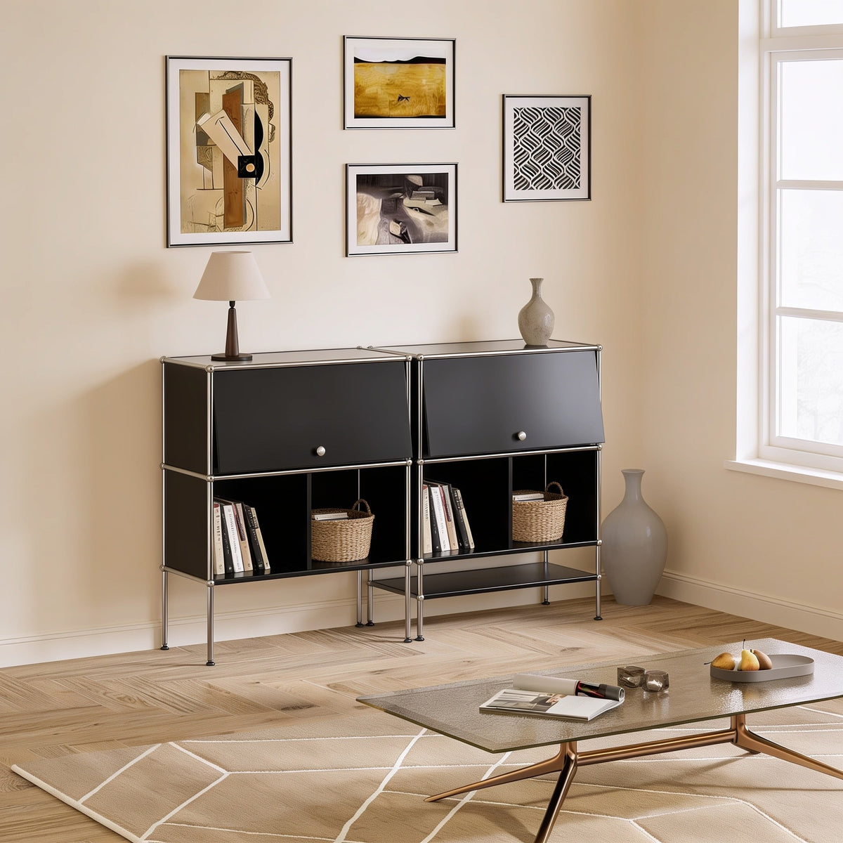 Black modular metal two-tier sideboard with two doors with chrome frame and ball connectors in a living room.