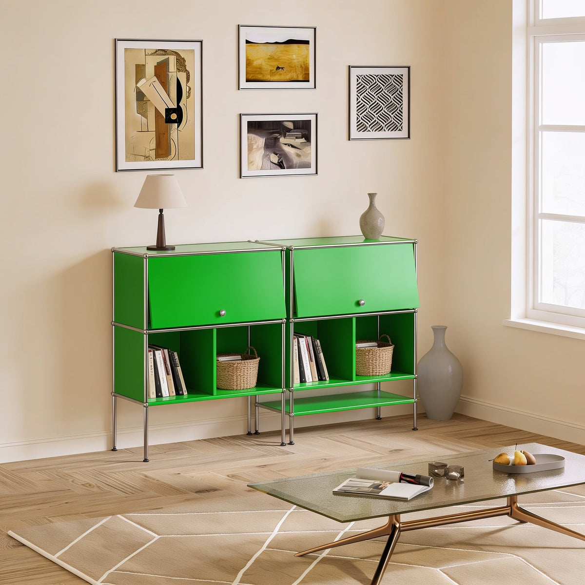 Green modular metal two-tier sideboard with two doors with chrome frame and ball connectors in a living room.
