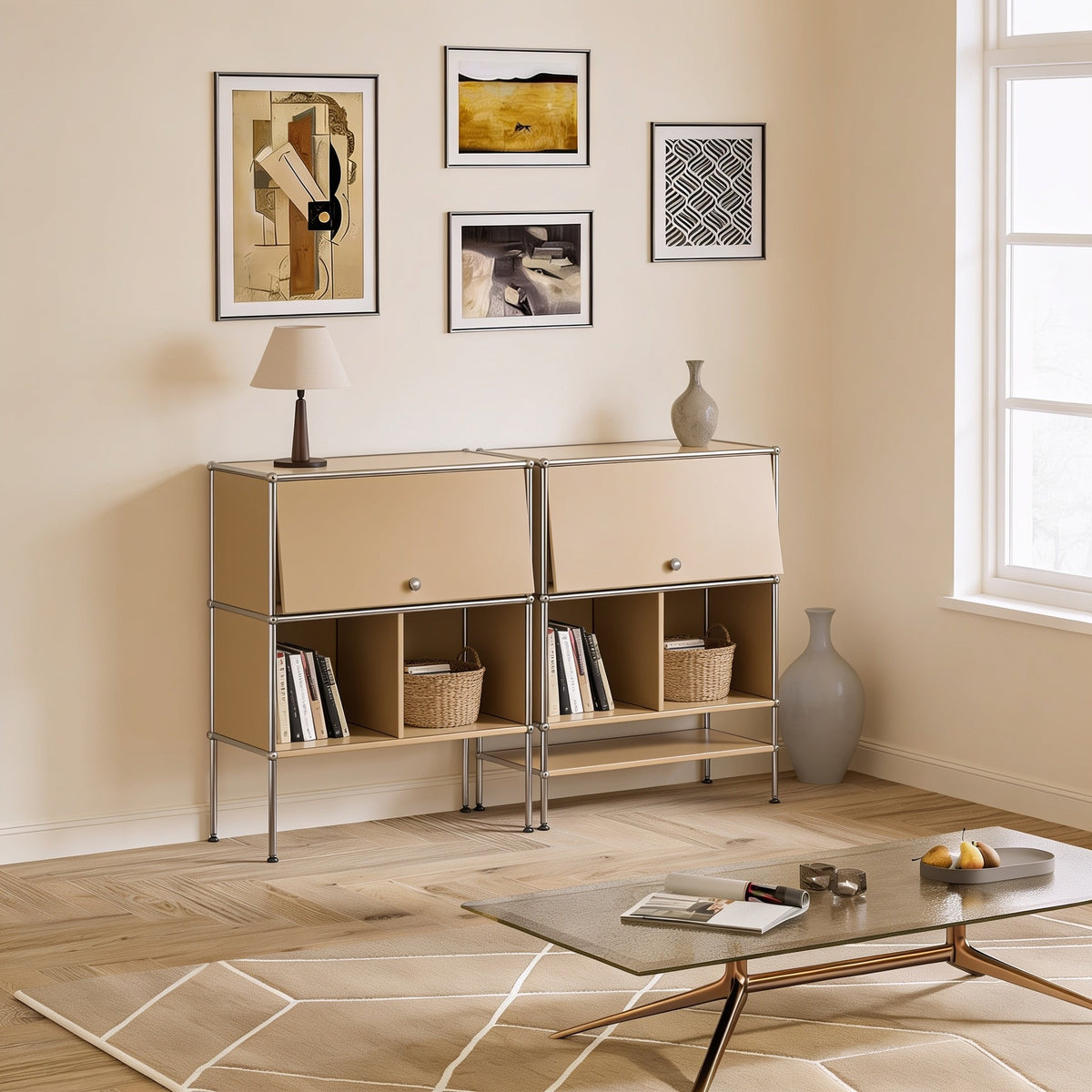 Taupe modular metal two-tier sideboard with two doors with chrome frame and ball connectors in a living room.