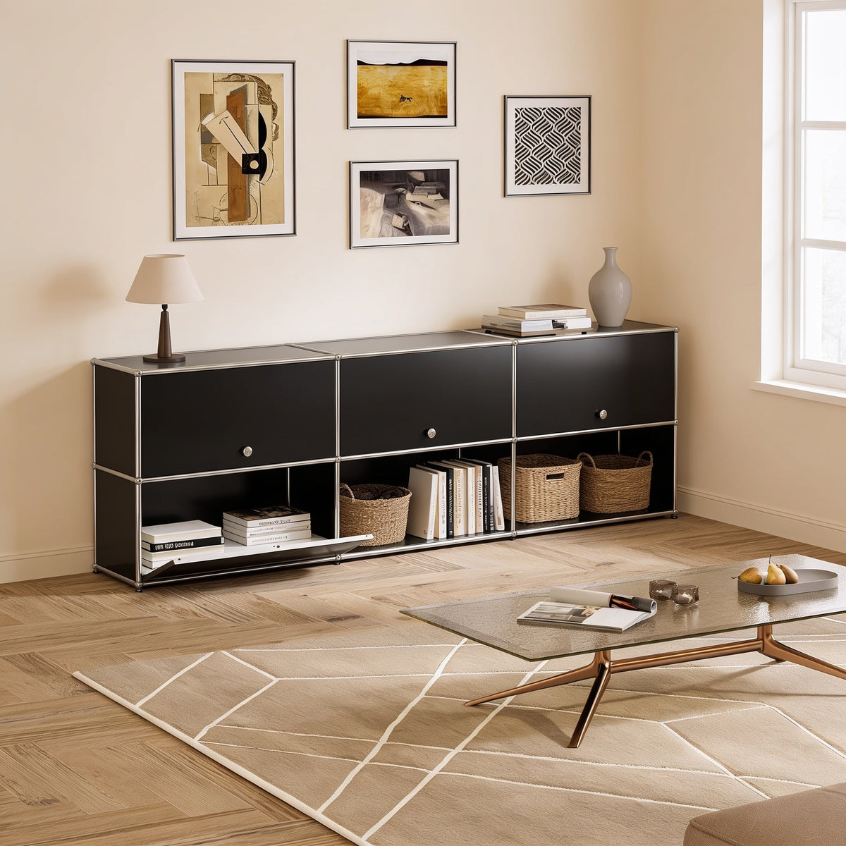 Black modular metal long two-tier sideboard with three doors with chrome frame and ball connectors in a living room.