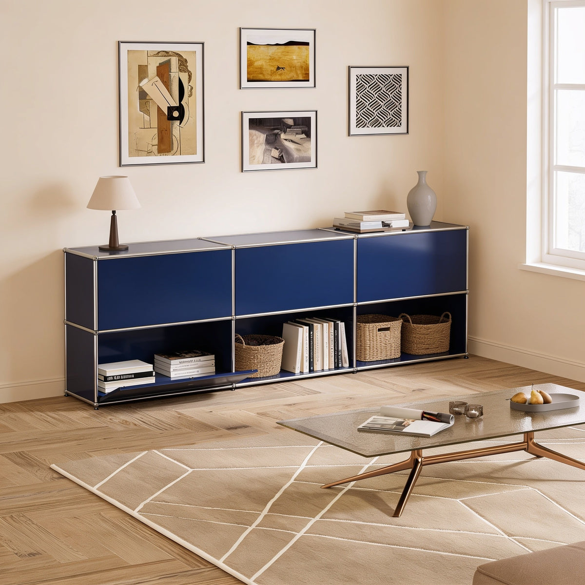Blue modular metal long two-tier sideboard with three doors with chrome frame and ball connectors in a living room.