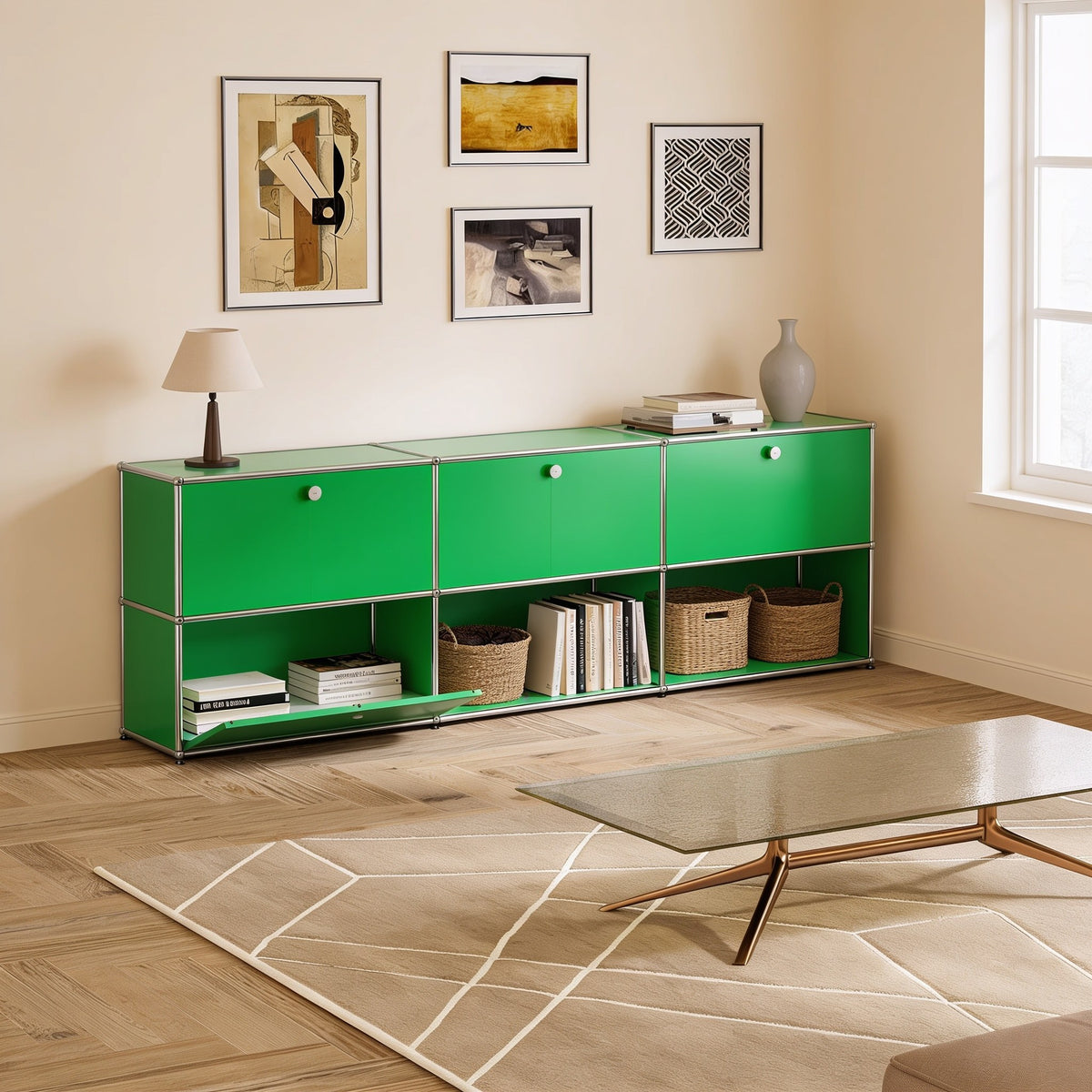 Green modular metal long two-tier sideboard with three doors with chrome frame and ball connectors in a living room.