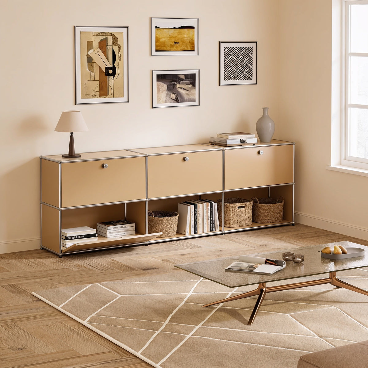 Taupe modular metal long two-tier sideboard with three doors with chrome frame and ball connectors in a living room.