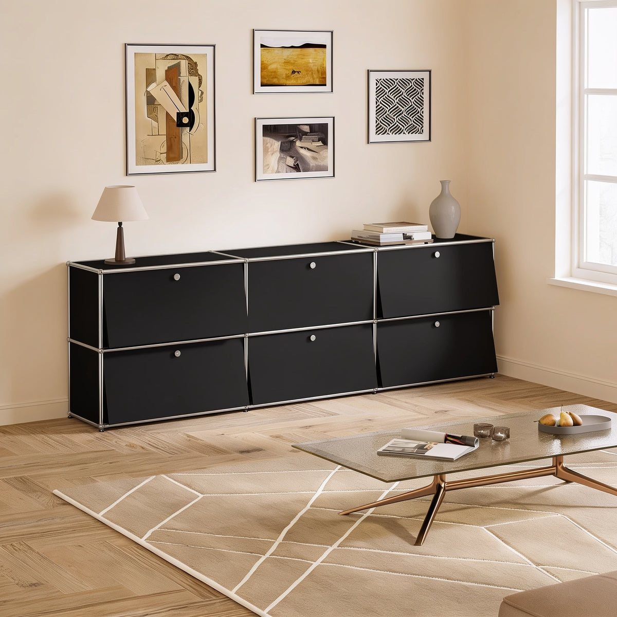 Black modular metal long two-tier sideboard with six doors with chrome frame and ball connectors in a living room.