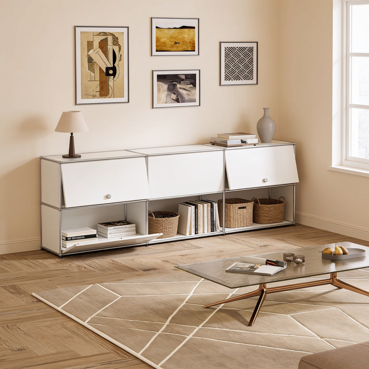 White modular metal sideboard with chrome tube frame, three drop-down doors over an open shelf row, 227.5 cm wide, in a bright living room.