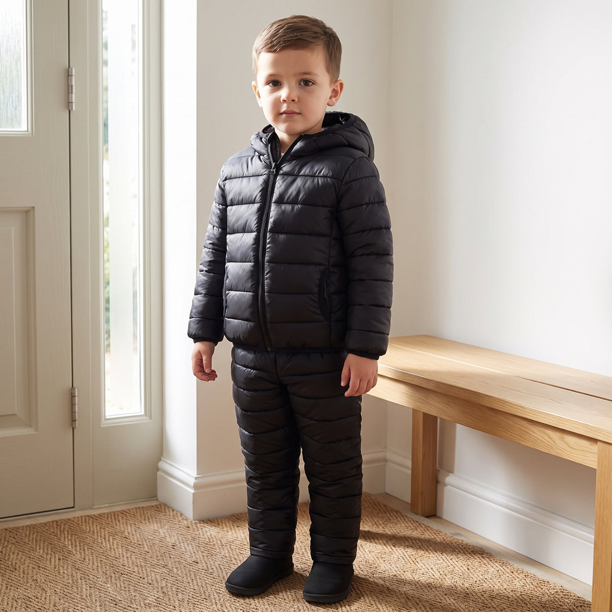 Child wearing the black quilted jacket and matching trousers in a home entryway