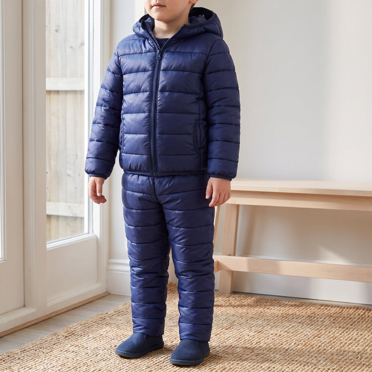 Child wearing the navy quilted jacket and matching trousers in a home entryway