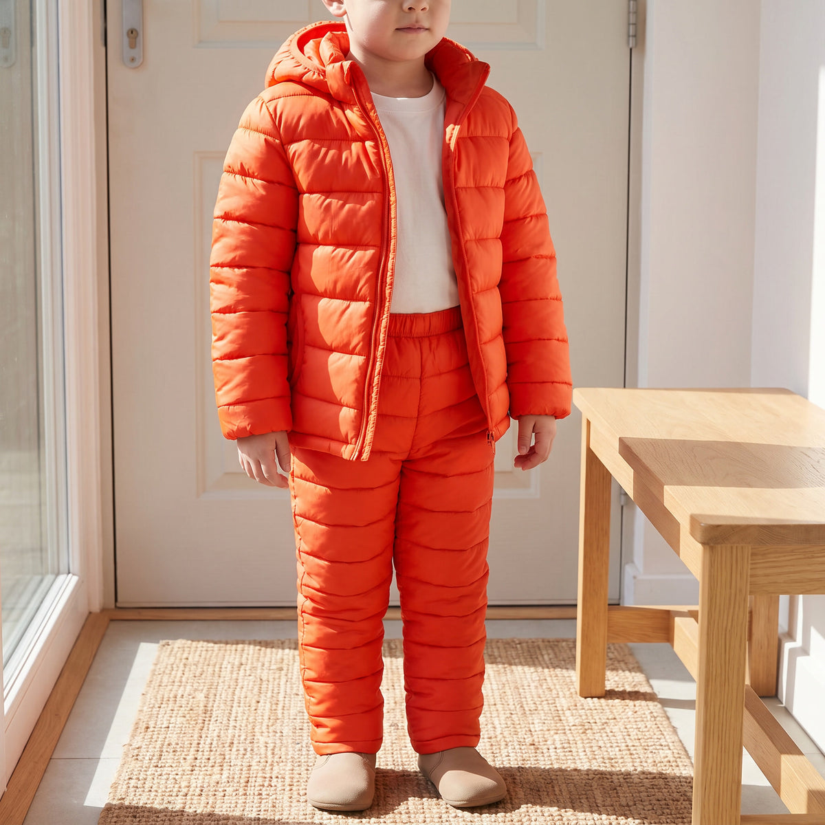 Child wearing the orange quilted jacket and matching trousers in a home entryway