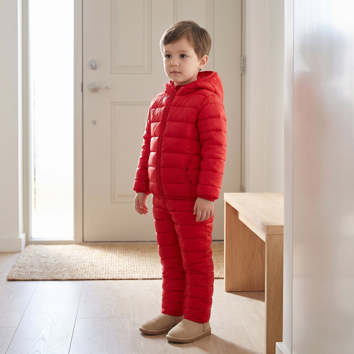 Child wearing the red quilted jacket and matching trousers in a home entryway