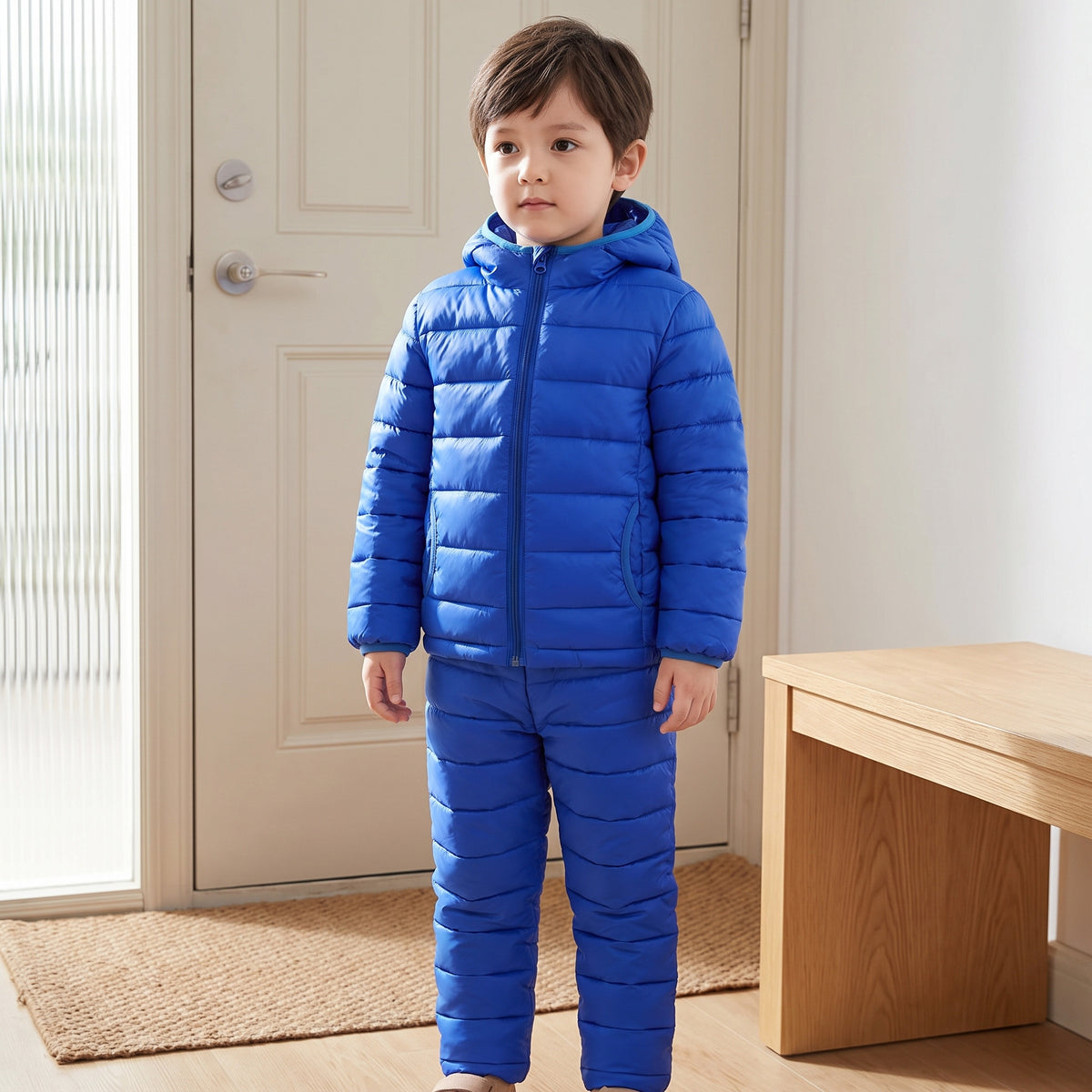 Child wearing the royal blue quilted jacket and matching trousers in a home entryway