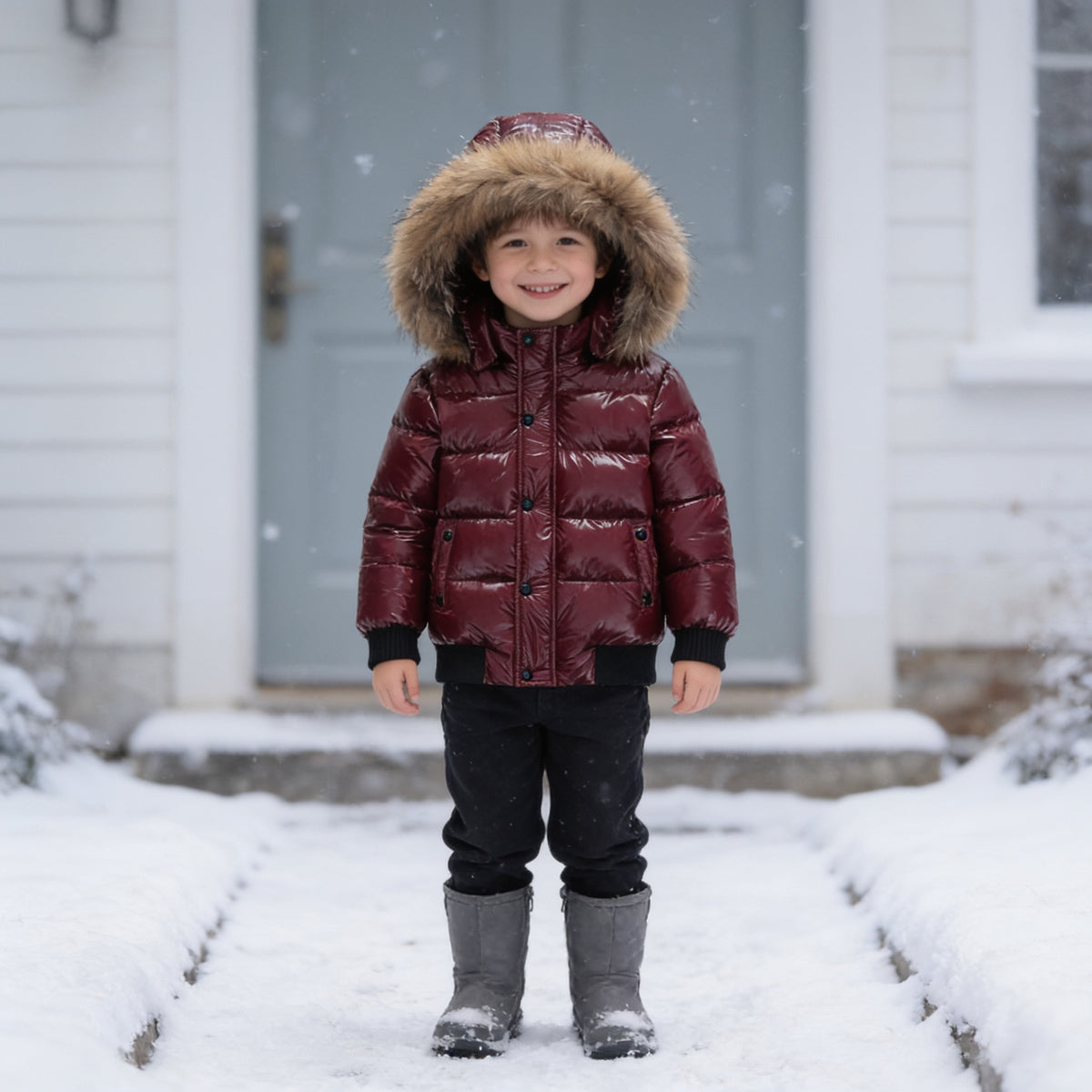 Child wearing the Burgundy glossy hooded down puffer jacket with a fluffy hood trim, standing on a snowy front path