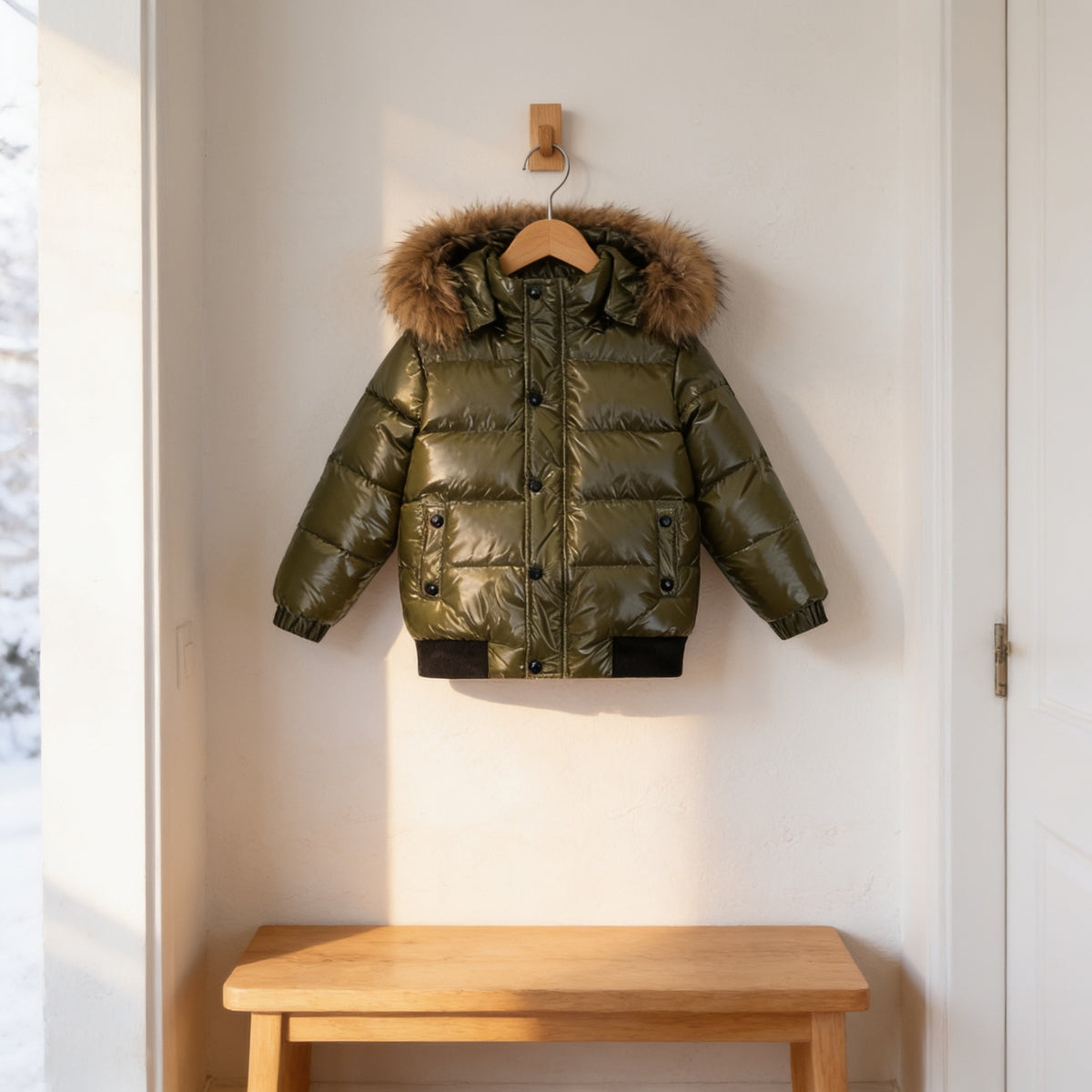 Army Green glossy kids hooded puffer jacket hanging on a wooden hanger in the same bright entryway