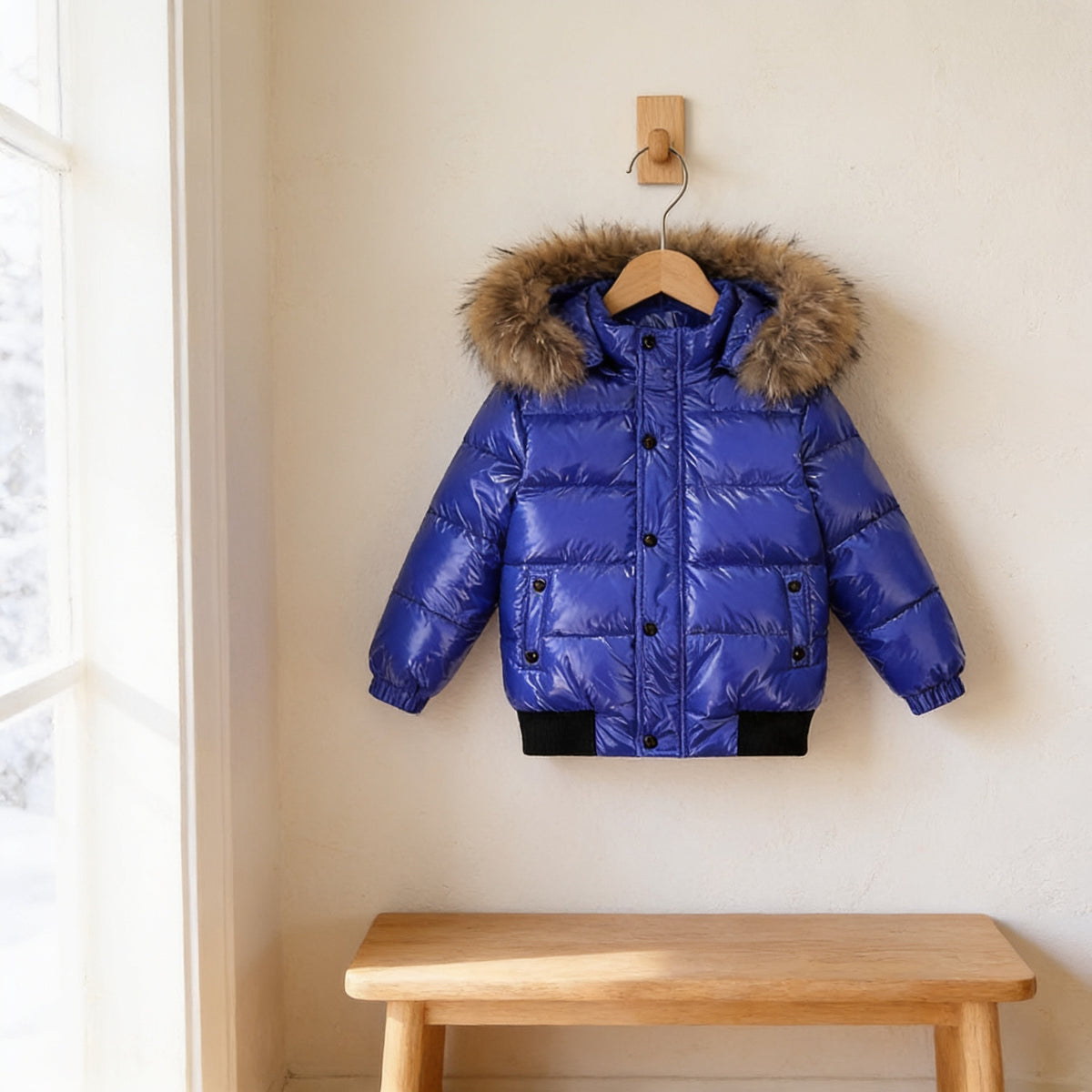 Blue glossy kids hooded puffer jacket hanging on a wooden hanger in the same bright entryway
